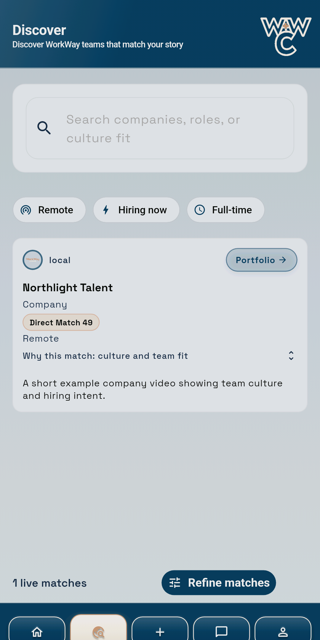 WorkWay Connect Discover with Company and role search filters