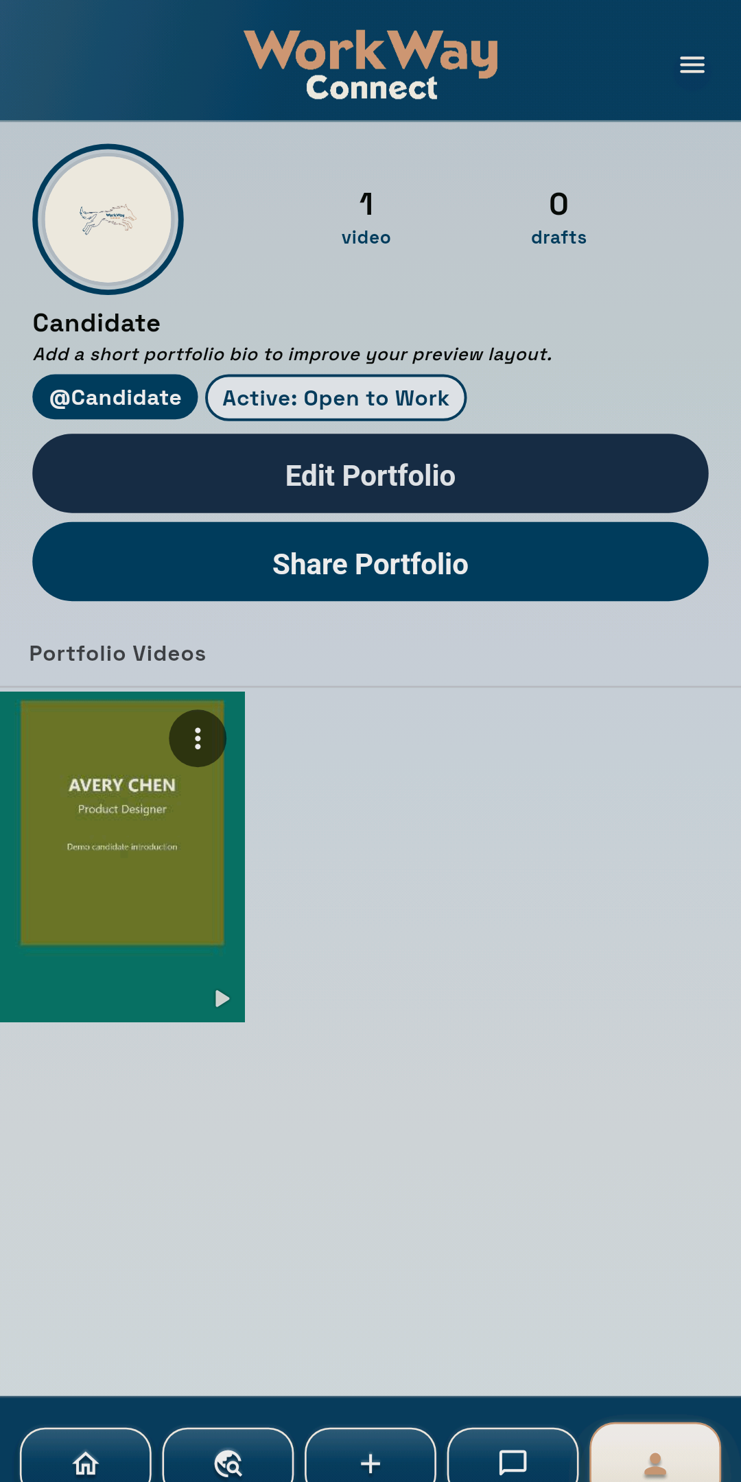 WorkWay Connect Candidate Portfolio with profile and video controls