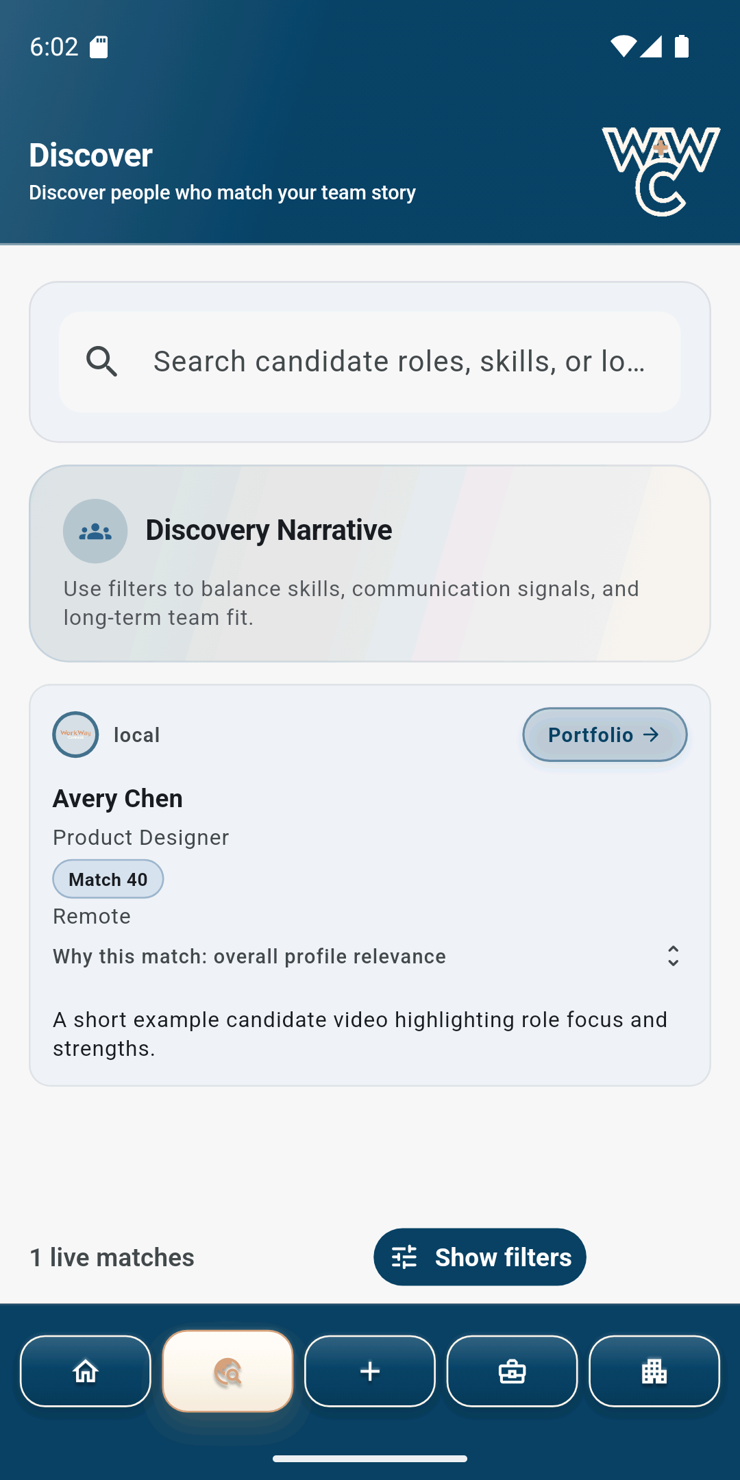 WorkWay Connect Company Discover showing candidate search and match context