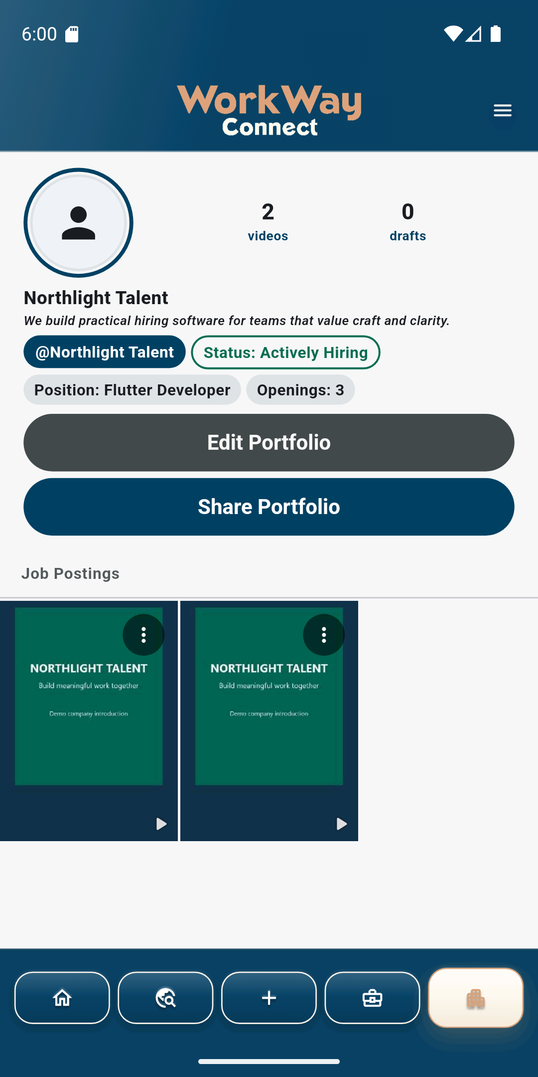 WorkWay Connect Company profile showing hiring status and job videos