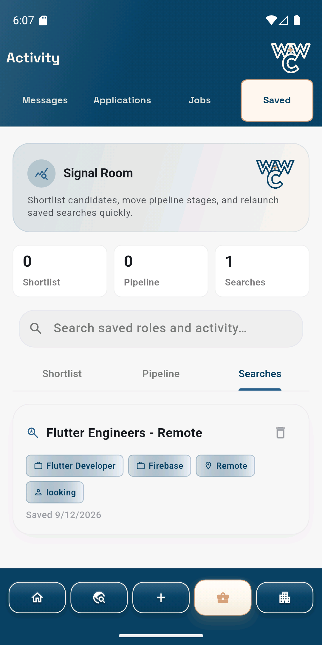 WorkWay Connect Company Signal Room showing a saved Candidate search